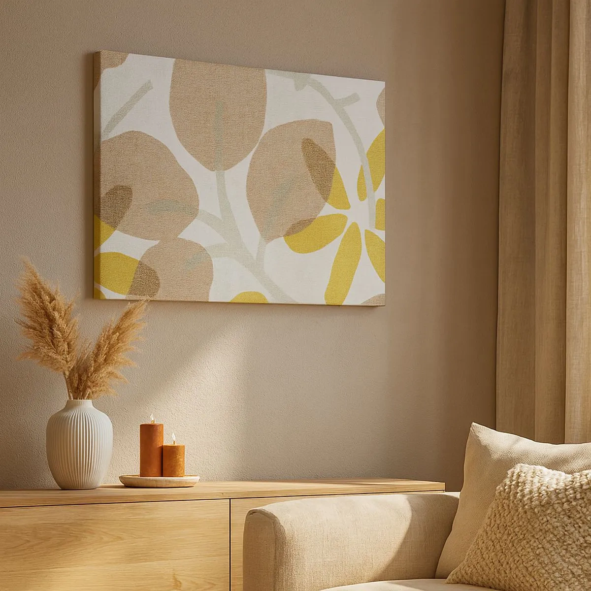 Canvas picture - Abstract leaves in shades of beige and yellow - 70x50cm - Composition in Full Sunlight - Modern wall decoration for the living room and bedroom ARTTOR