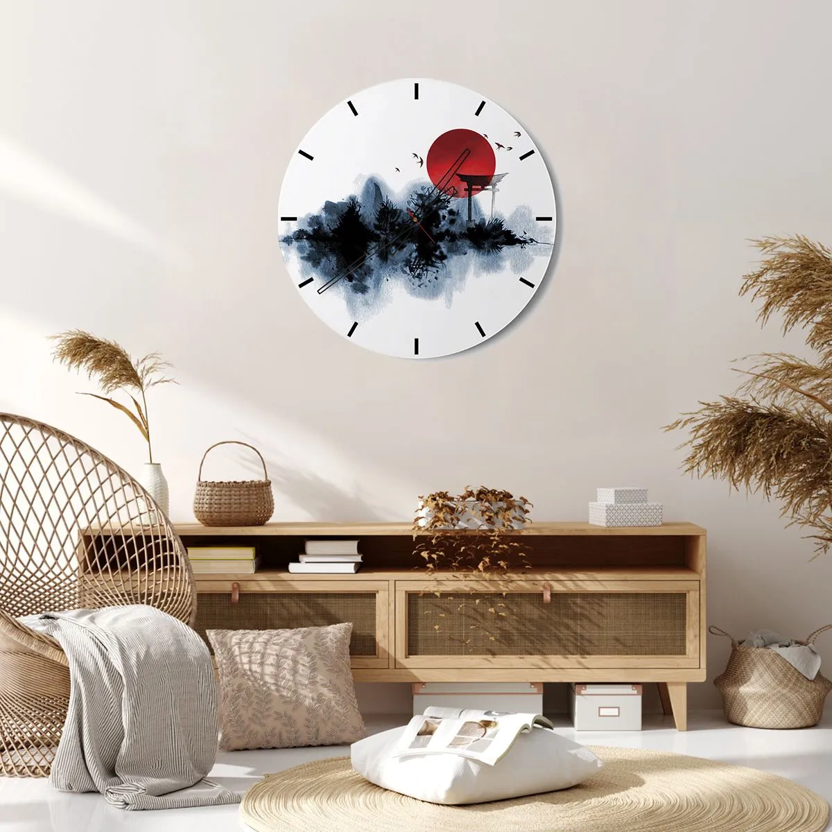Wall clock - Clock on glass - A red sun ball and a Japanese-style torii gate over water - 30x30cm - Japanese View - Modern wall decoration for the living room, kitchen, and bedroom ARTTOR