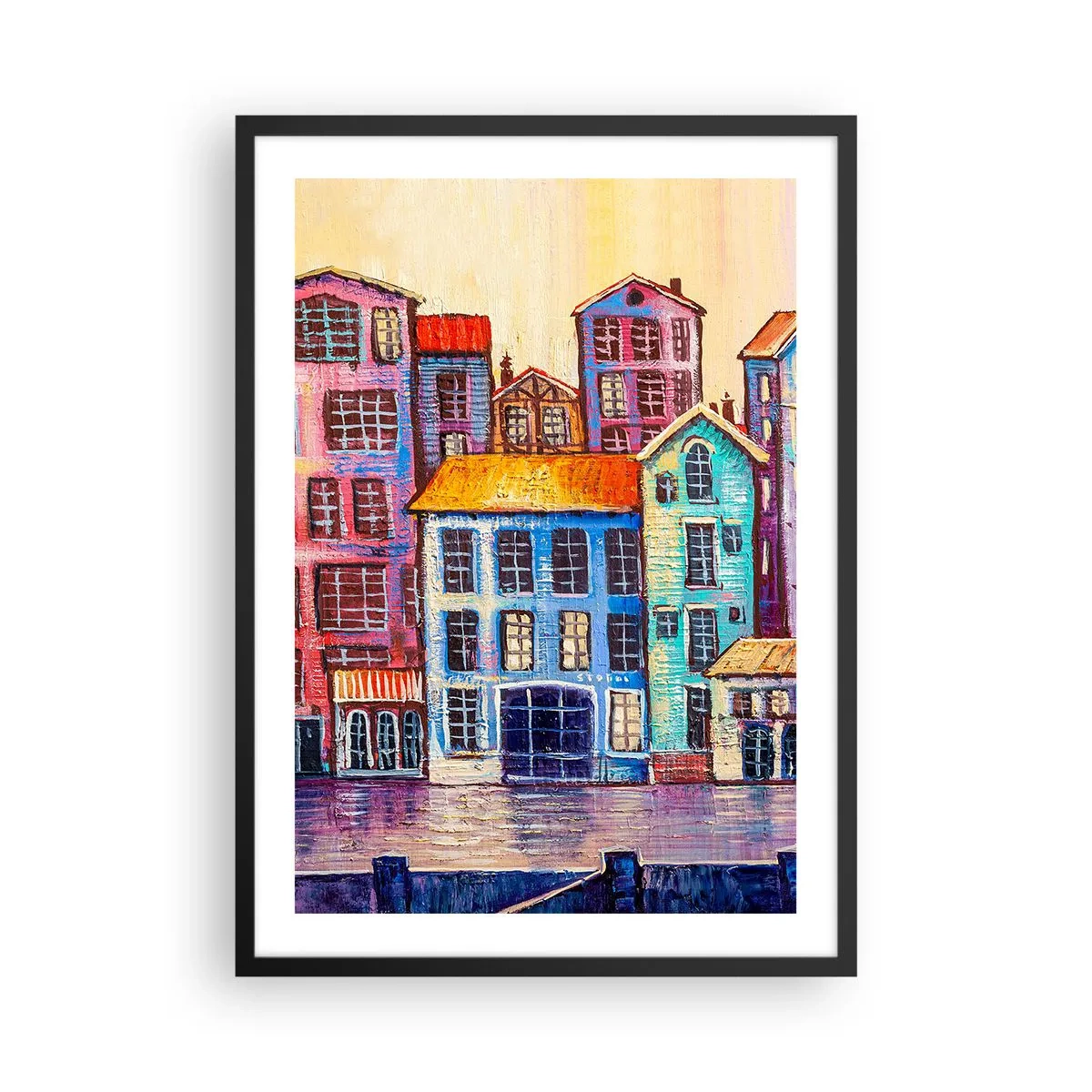 Poster in black frame - Colorful tenement houses by the water in a painterly style - 50x70cm - City Like From a Fairytale - Modern wall decoration for the living room and bedroom ARTTOR