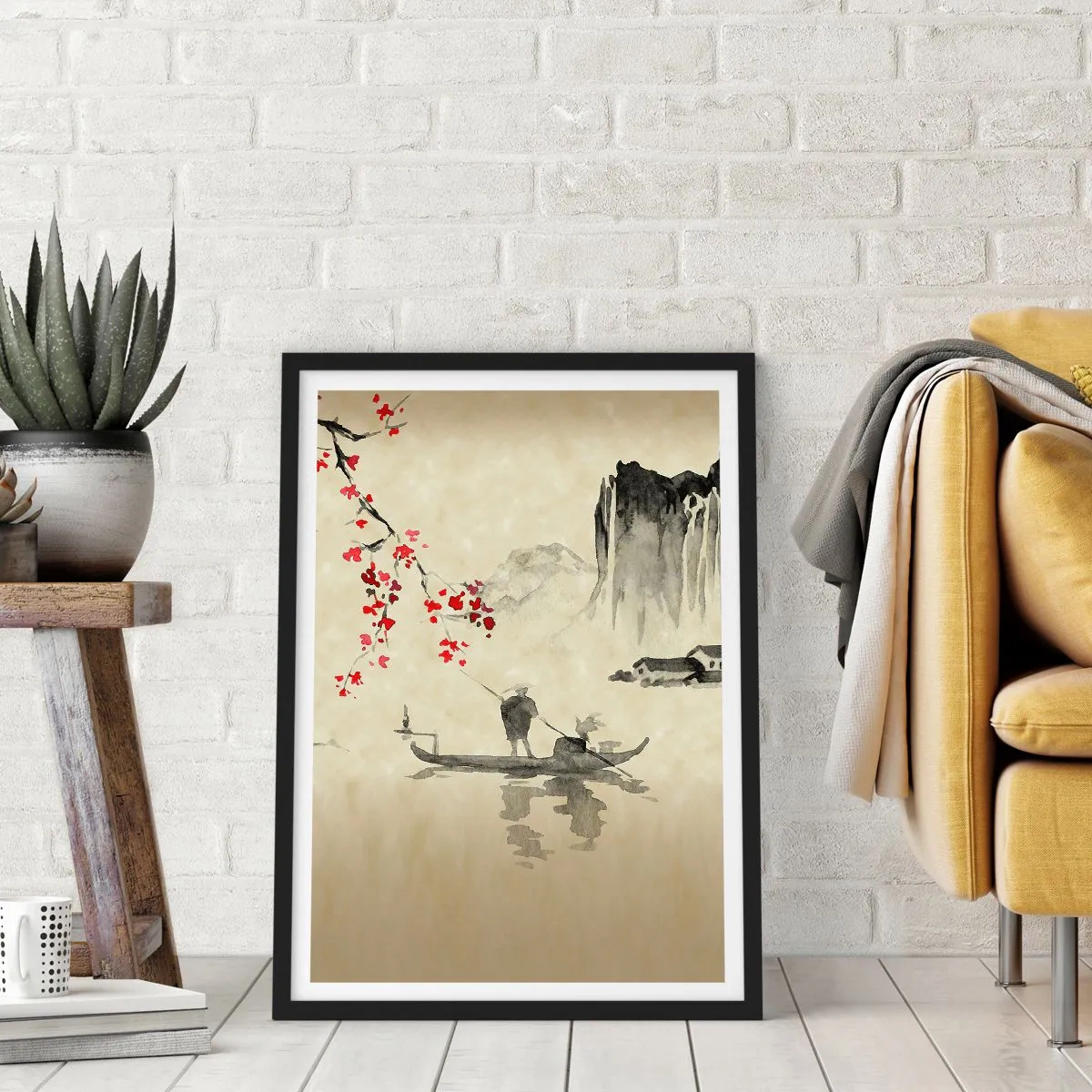Poster in black frame - Oriental scene with fishermen on a boat - 50x70cm - In Cherry Blossom Country - Modern wall decoration for the living room and bedroom ARTTOR