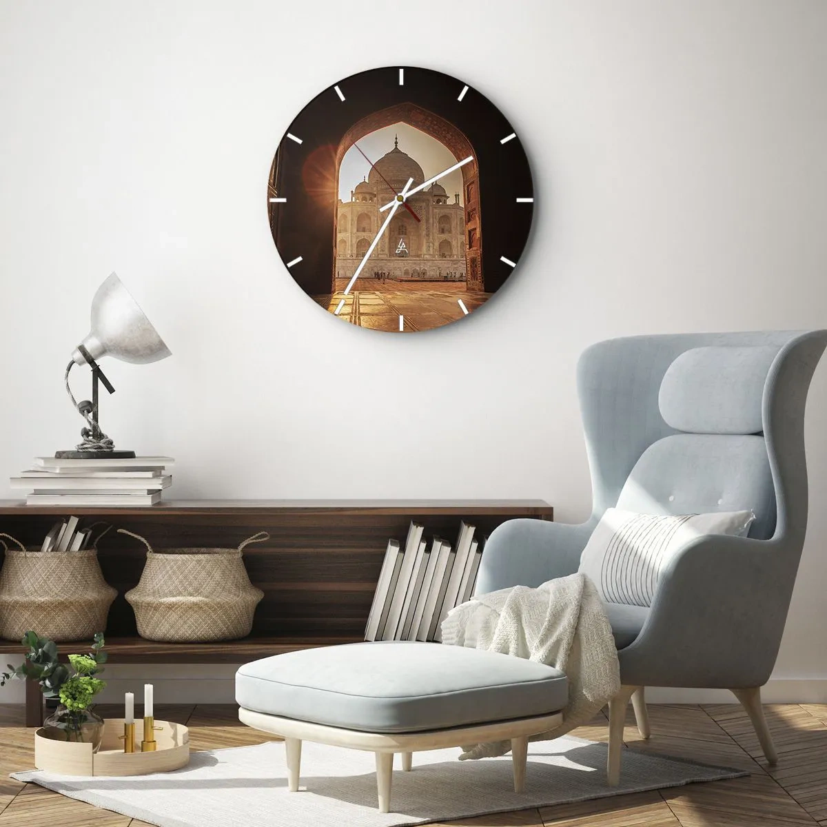 Wall clock - Clock on glass - A historic building in the sunlight seen through an arch - 30x30cm - Monument of Unearthy Love - Modern wall decoration for the living room, kitchen, and bedroom ARTTOR