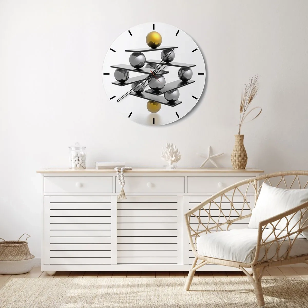 Wall clock - Clock on glass - A modern composition of gold and silver balls on a white background - 30x30cm - Gold-Silver Balance - Modern wall decoration for the living room, kitchen, and bedroom ARTTOR