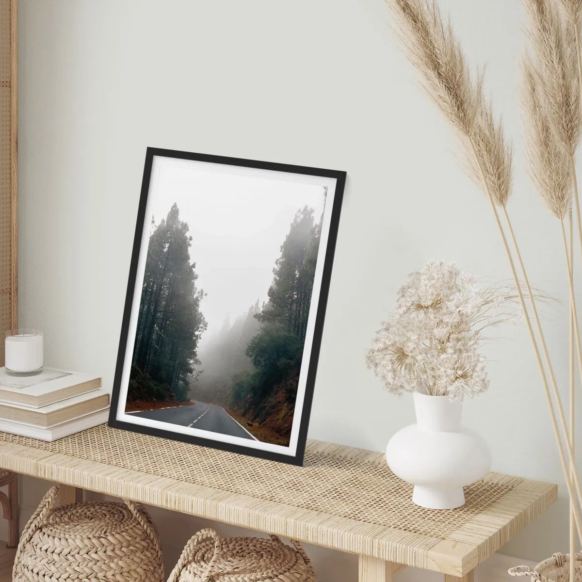 Poster in black frame - A winding road among trees shrouded in fog - 50x70cm - Tale of a Magic Forest - Modern wall decoration for the living room and bedroom ARTTOR