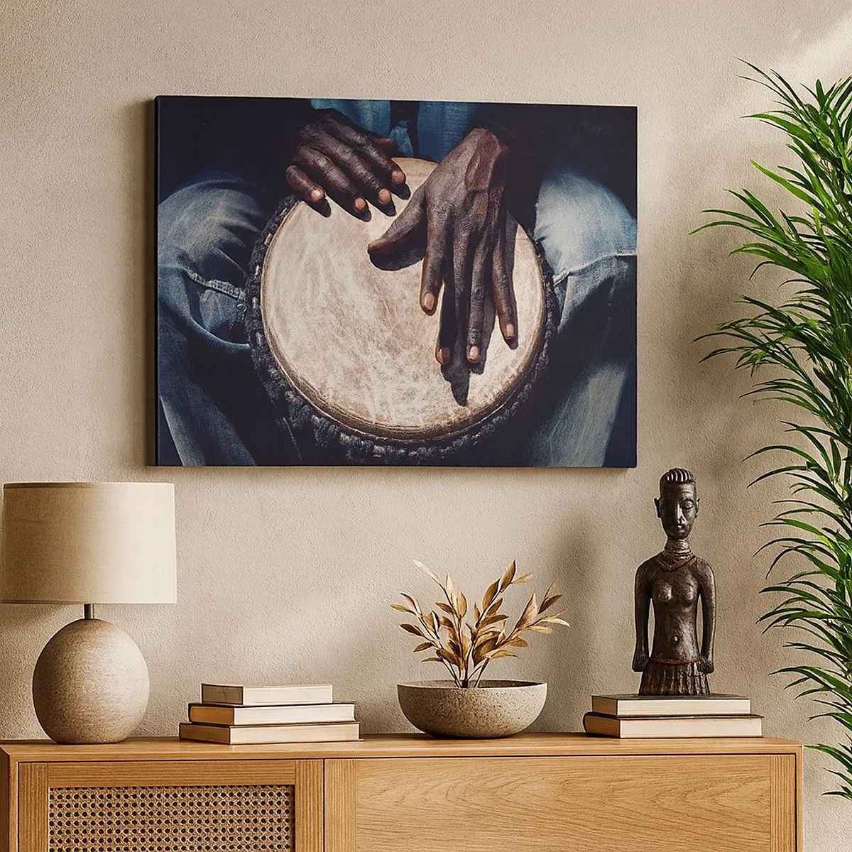 Canvas picture - Hands playing a djembe drum in a dynamic composition - 70x50cm - Live at Your Own Rhythm - Modern wall decoration for the living room and bedroom ARTTOR