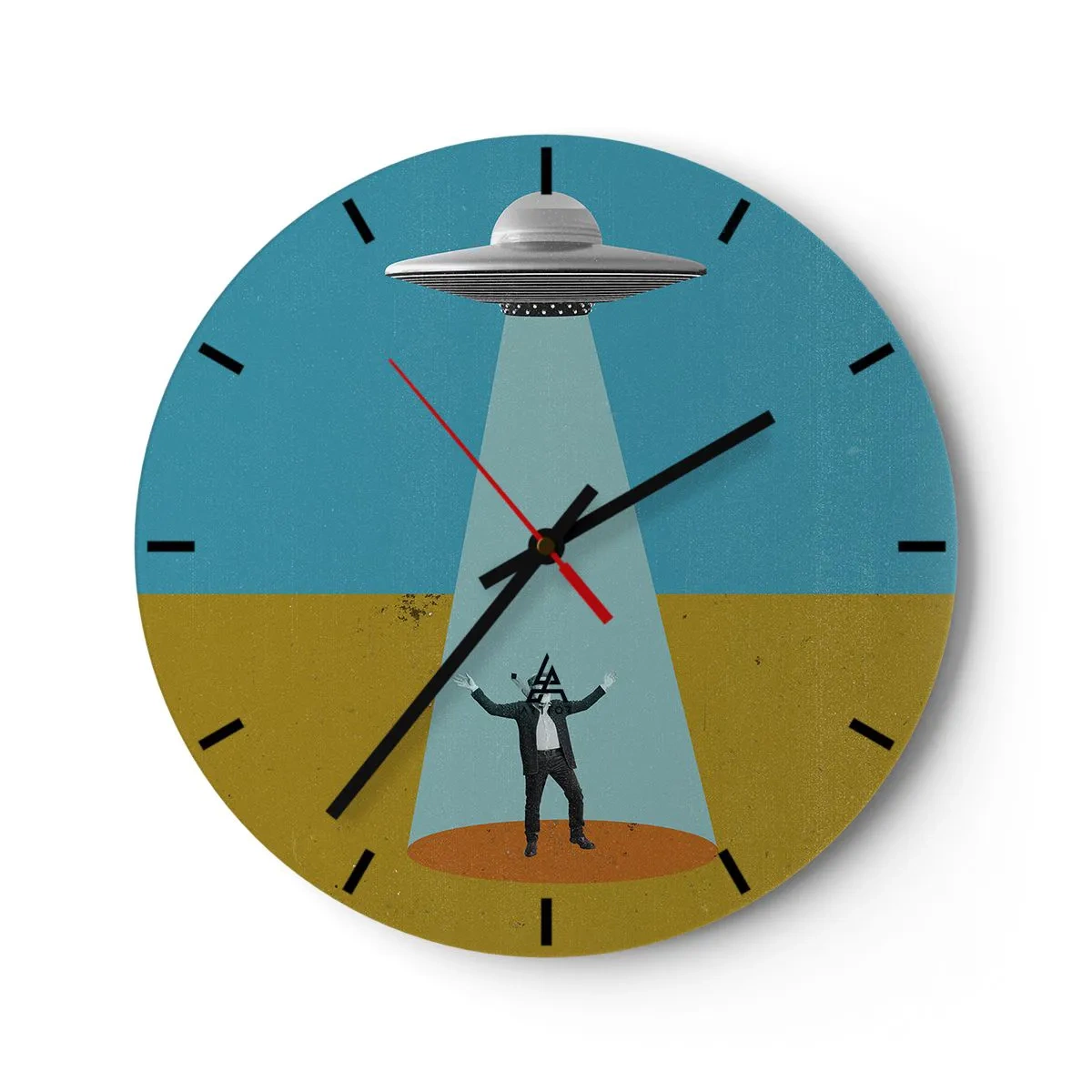 Wall clock - Clock on glass - A man illuminated by a UFO beam against a desert background. - 30x30cm - Close Encounter - Modern wall decoration for the living room, kitchen, and bedroom ARTTOR