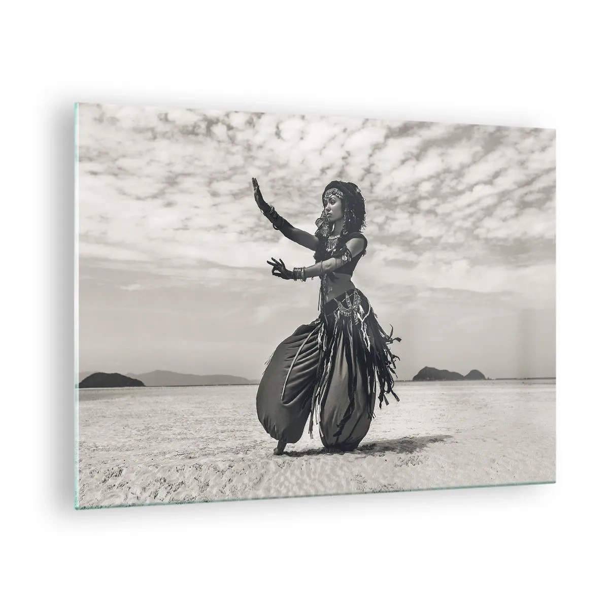 Glass picture - Black and white photograph of a dancer in the desert - 70x50cm - Dance of Southern Islands - Modern wall decoration for the living room and bedroom ARTTOR