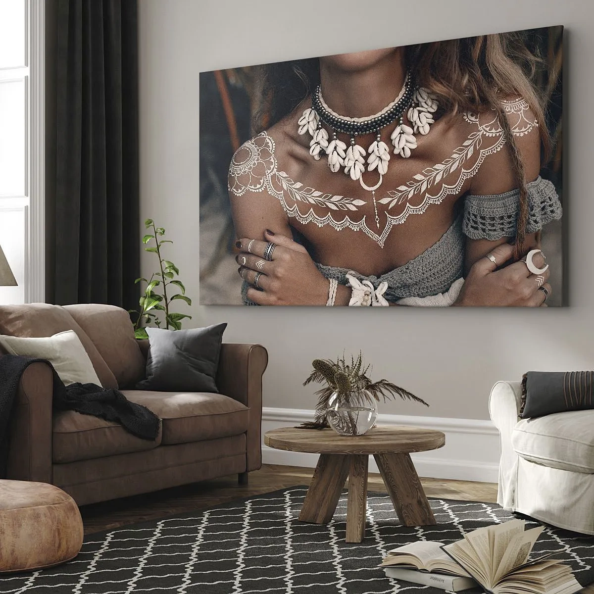 Canvas picture - Boho style with shell jewelry and a lace pattern - 70x50cm - Talismans, Rituals of Womanhood - Modern wall decoration for the living room and bedroom ARTTOR