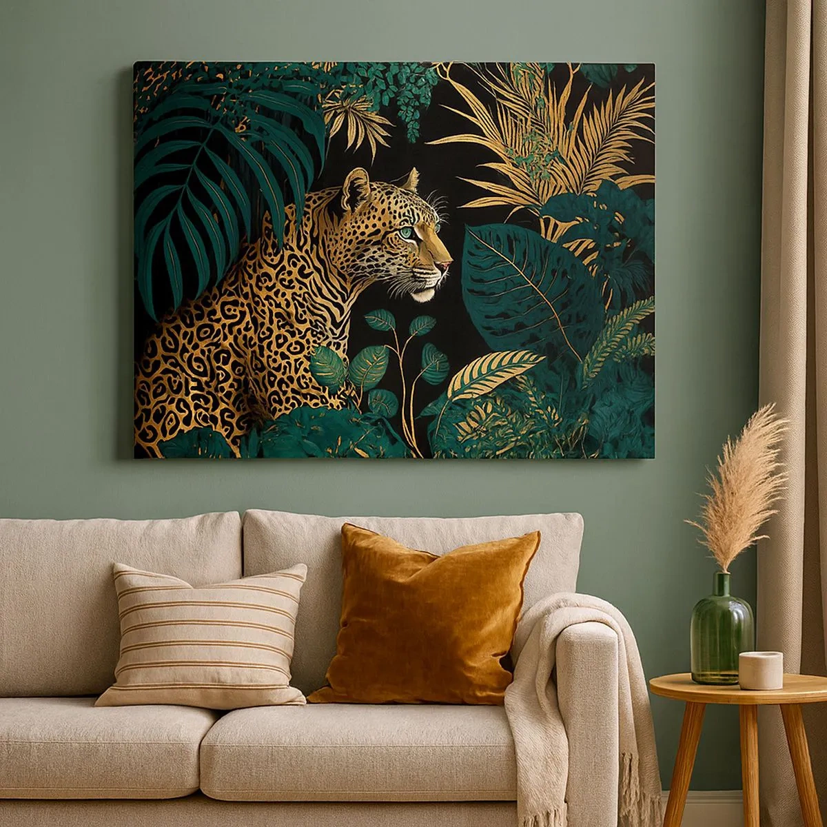 Canvas picture - Leopard in tropical leaves on a black background - 70x50cm - Host in the Jungle - Modern wall decoration for the living room and bedroom ARTTOR