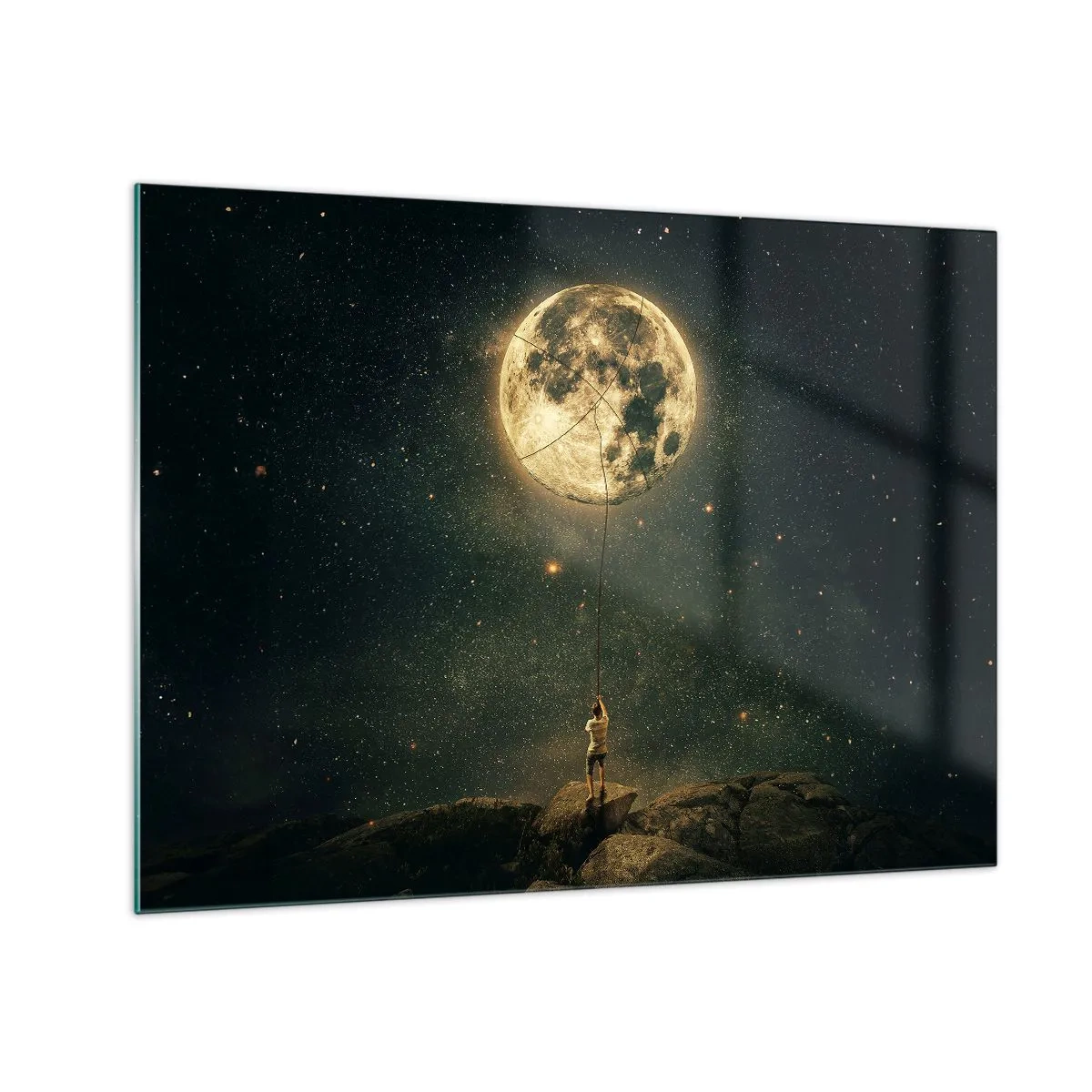 Glass picture - A figure on a rock holding the moon, which is trapped on a rope. - 70x50cm - One that Stole the Moon - Modern wall decoration for the living room and bedroom ARTTOR