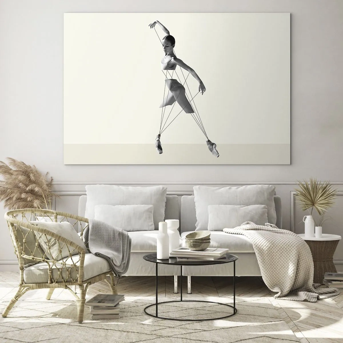 Glass picture - Black and white silhouette of a ballerina with a geometric line motif - 70x50cm - In the Theatre of the World - Modern wall decoration for the living room and bedroom ARTTOR