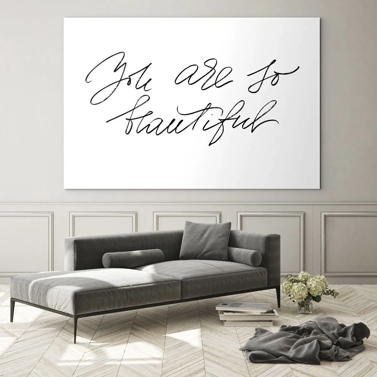 Glass picture - 'You are so beautiful' quote in an elegant, calligraphic style - 70x50cm - Really, Believe Me... - Modern wall decoration for the living room and bedroom ARTTOR