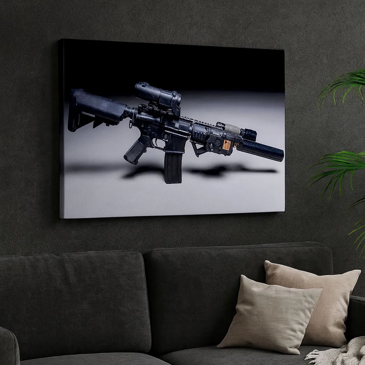Canvas picture - A modern rifle in black on a dark background - 70x50cm - Dark Knight - Modern wall decoration for the living room and bedroom ARTTOR
