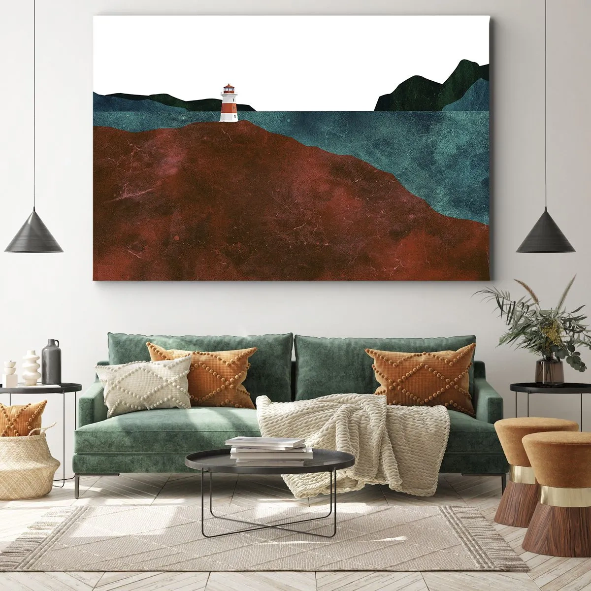 Canvas picture - A lighthouse against the backdrop of mountains and the sea - 70x50cm - Gazing at the Sea - Modern wall decoration for the living room and bedroom ARTTOR