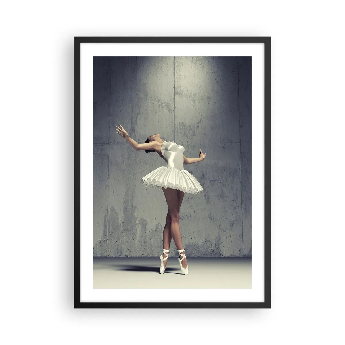 Poster in black frame - A ballerina in a white dress against the background of a raw concrete wall. - 50x70cm - Light like a Bird - Modern wall decoration for the living room and bedroom ARTTOR