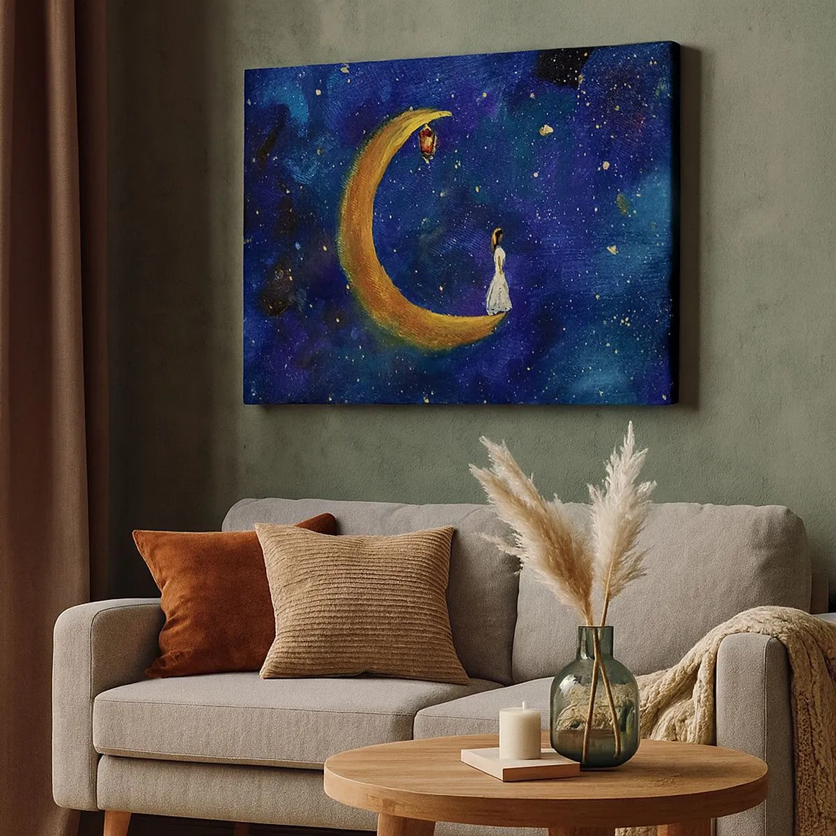 Canvas picture - girl standing on the moon in a starry sky - 70x50cm - Calling of the World - Modern wall decoration for the living room and bedroom ARTTOR