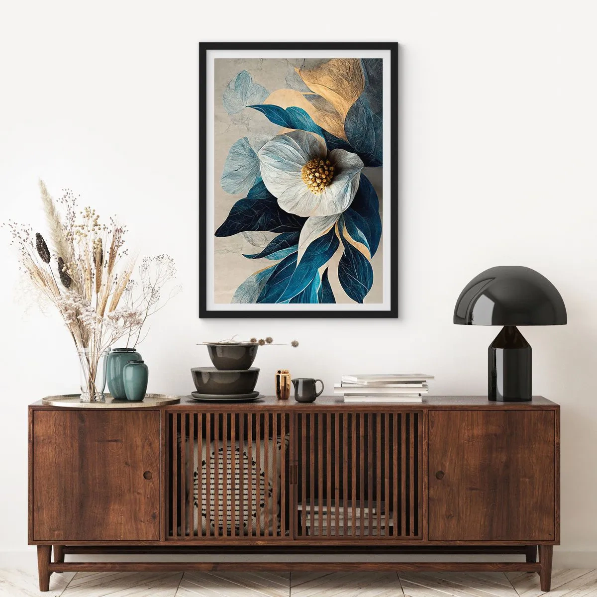 Poster in black frame - An elegant flower in shades of navy blue and gold - 50x70cm - With a Heart of Gold - Modern wall decoration for the living room and bedroom ARTTOR