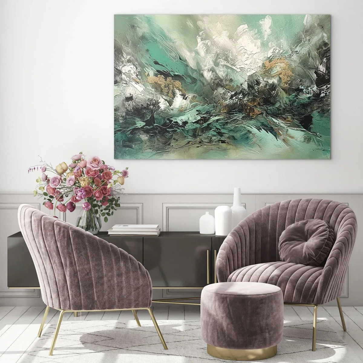 Glass picture - An abstract composition in shades of emerald, black and white. - 70x50cm - Emerald and Black Lump - Modern wall decoration for the living room and bedroom ARTTOR