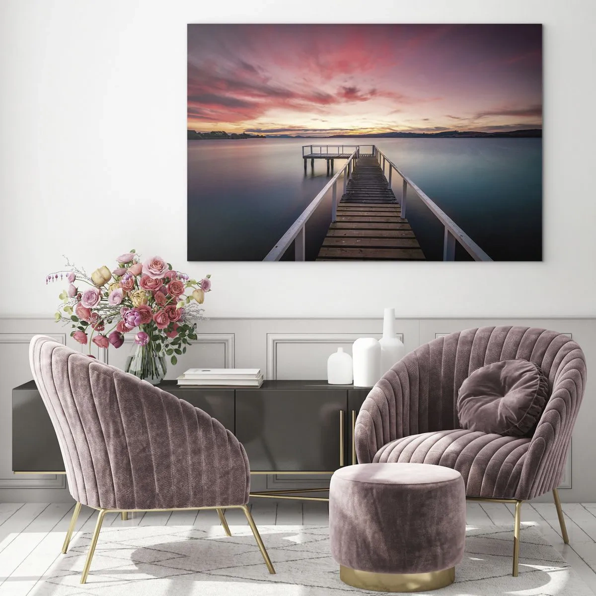 Glass picture - Lakeside Pier at Sunset with a Pink Sky - 70x50cm - Mild Flame of an Evening - Modern wall decoration for the living room and bedroom ARTTOR