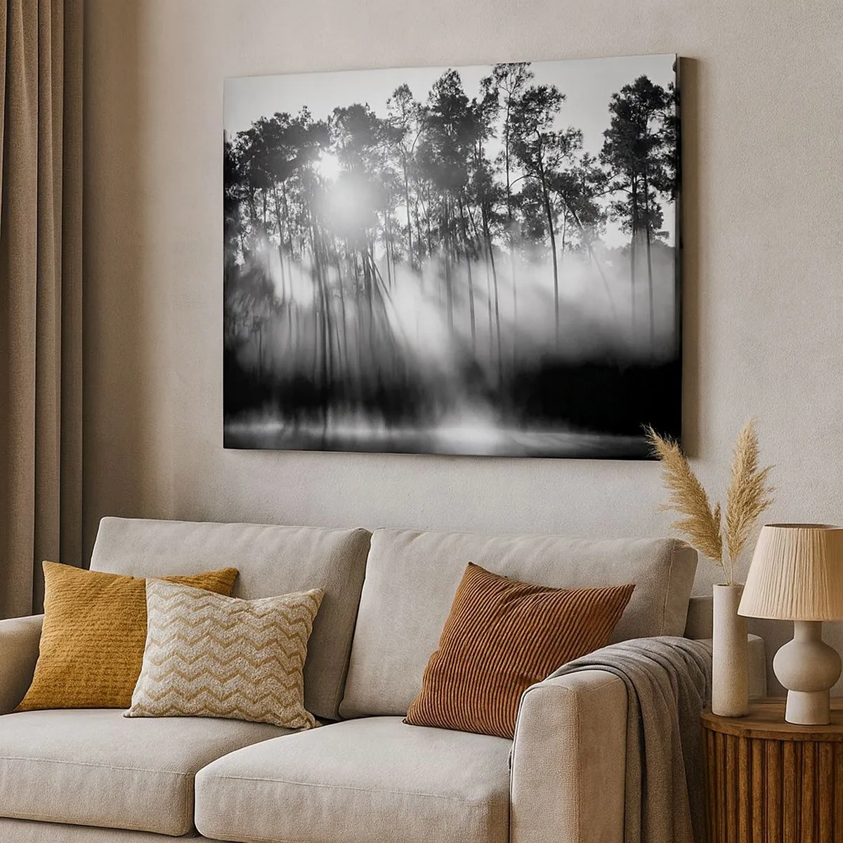 Canvas picture - Black and white forest in the morning fog - 70x50cm - Unstoppable Sun - Modern wall decoration for the living room and bedroom ARTTOR