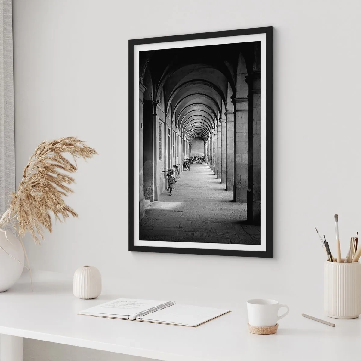 Poster in black frame - Black and white architecture of the arcades - 50x70cm - Under the Arcades - Modern wall decoration for the living room and bedroom ARTTOR