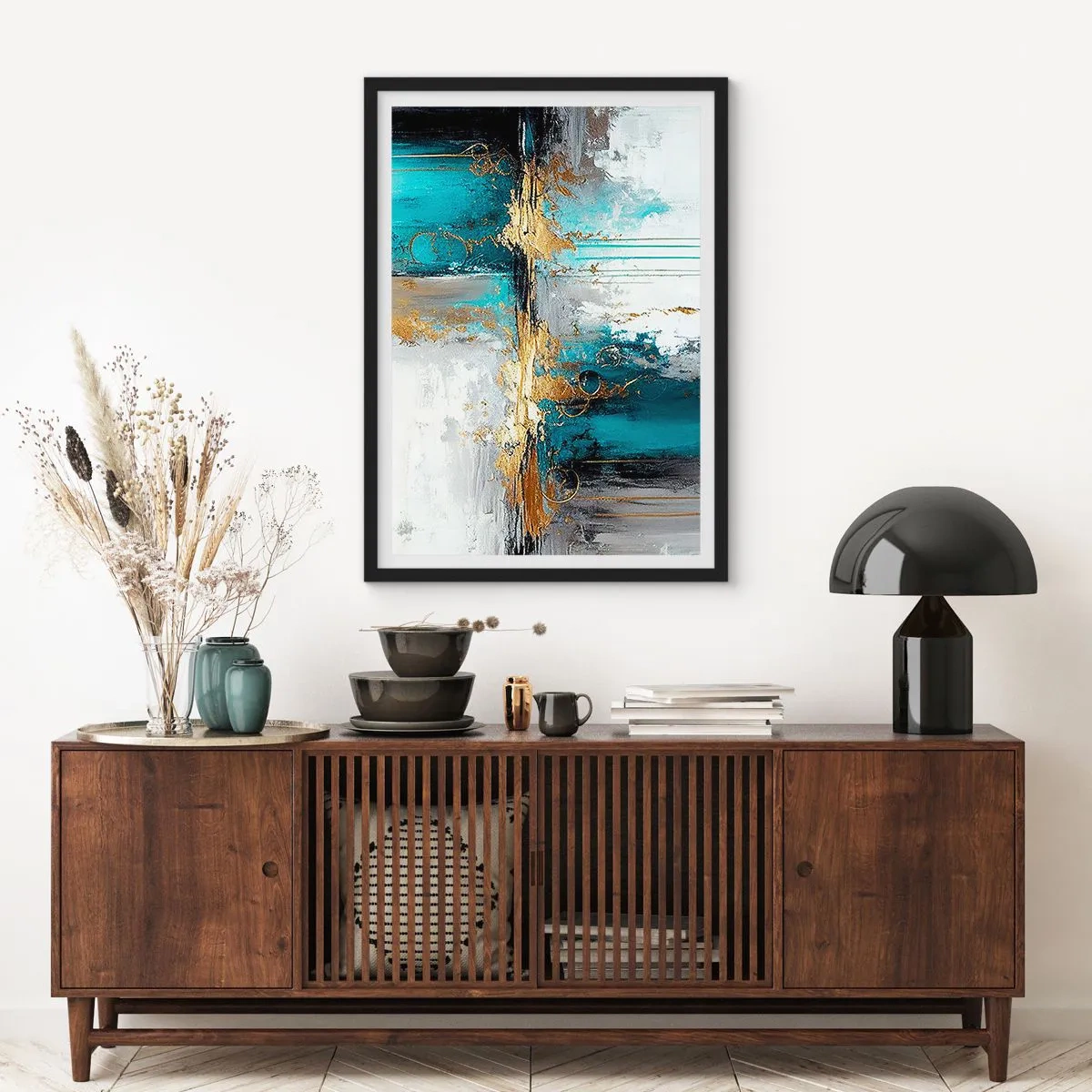 Poster in black frame - An abstract composition in shades of turquoise and gold. - 50x70cm - Everything Flows - Modern wall decoration for the living room and bedroom ARTTOR