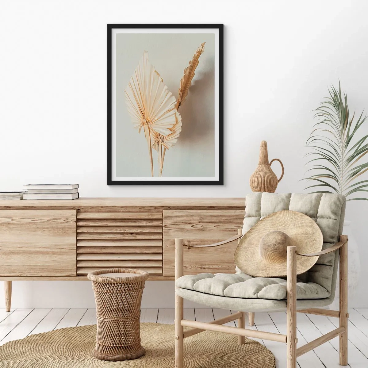 Poster in black frame - Dried palm leaves in a minimalist arrangement on a light background - 50x70cm - When It Needs Calming Down - Modern wall decoration for the living room and bedroom ARTTOR