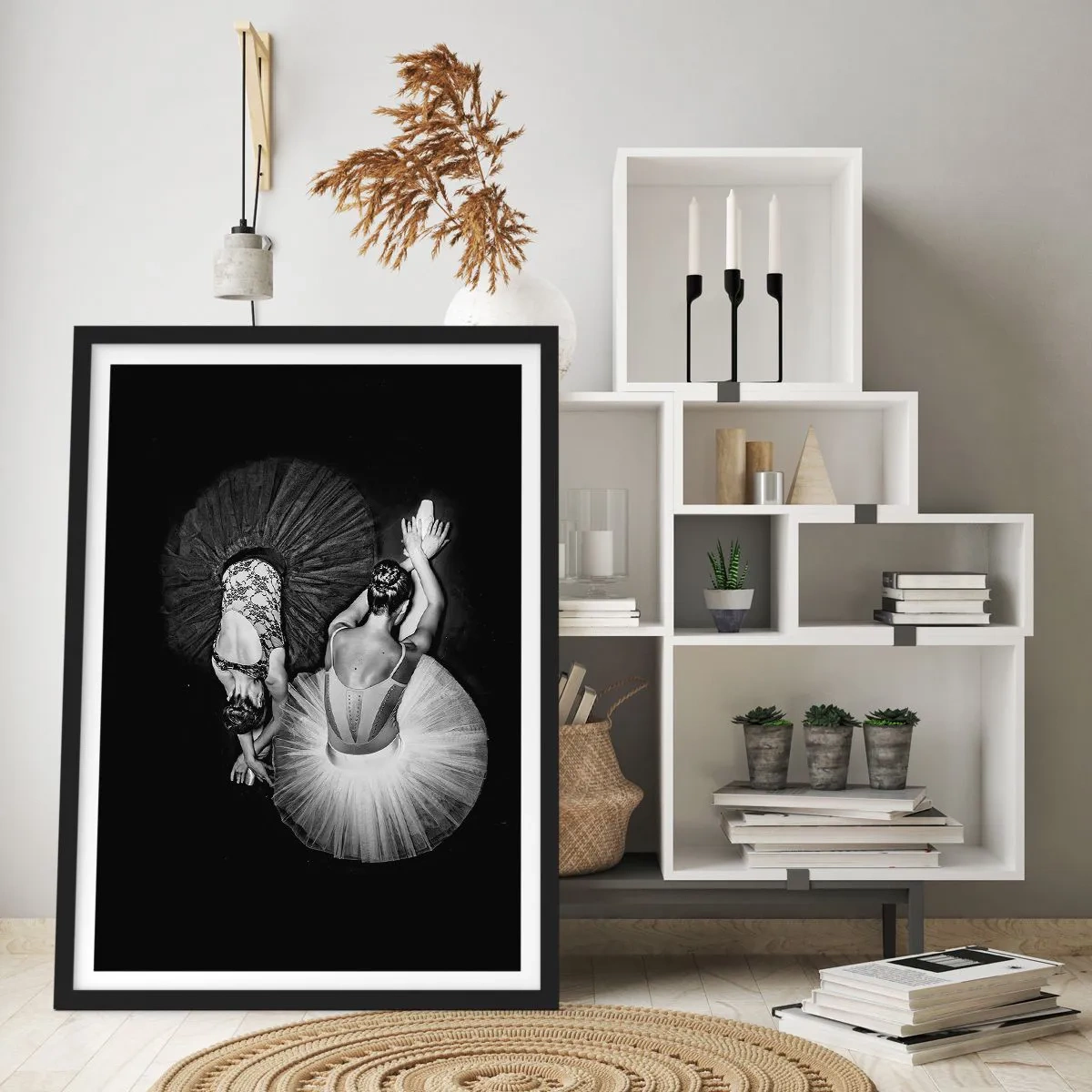 Poster in black frame - Ballerinas in a black and white shot seen from above - 50x70cm - Yin and Yang - Ideal Balance - Modern wall decoration for the living room and bedroom ARTTOR