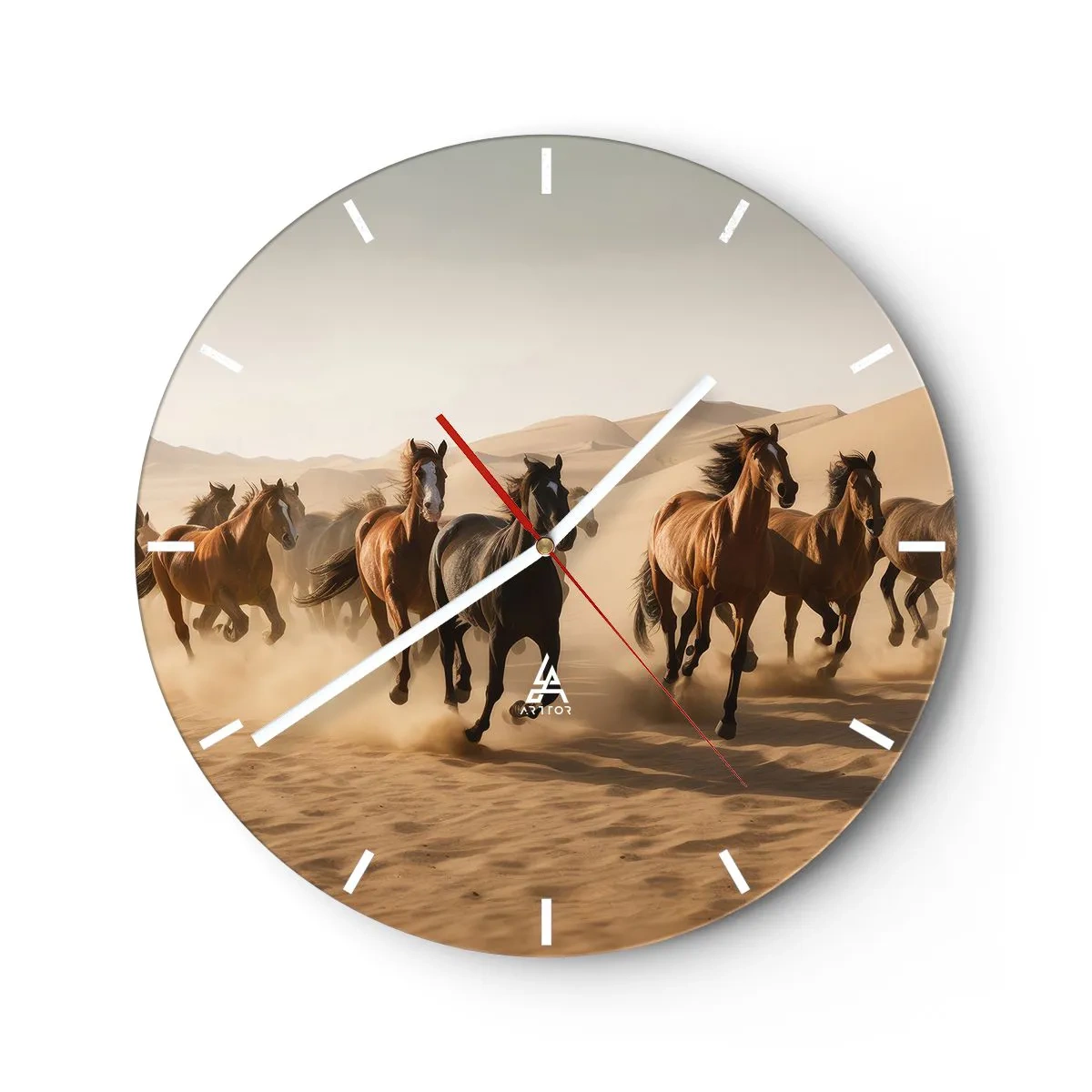 Wall clock - Clock on glass - Galloping horses against the backdrop of desert dunes - 30x30cm - Free as a Wind - Modern wall decoration for the living room, kitchen, and bedroom ARTTOR