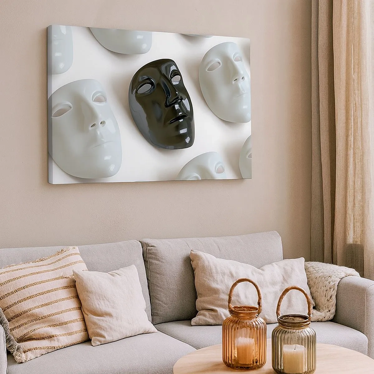 Canvas picture - Black and white masks on a light background - 70x50cm - How to Stand Out? - Modern wall decoration for the living room and bedroom ARTTOR