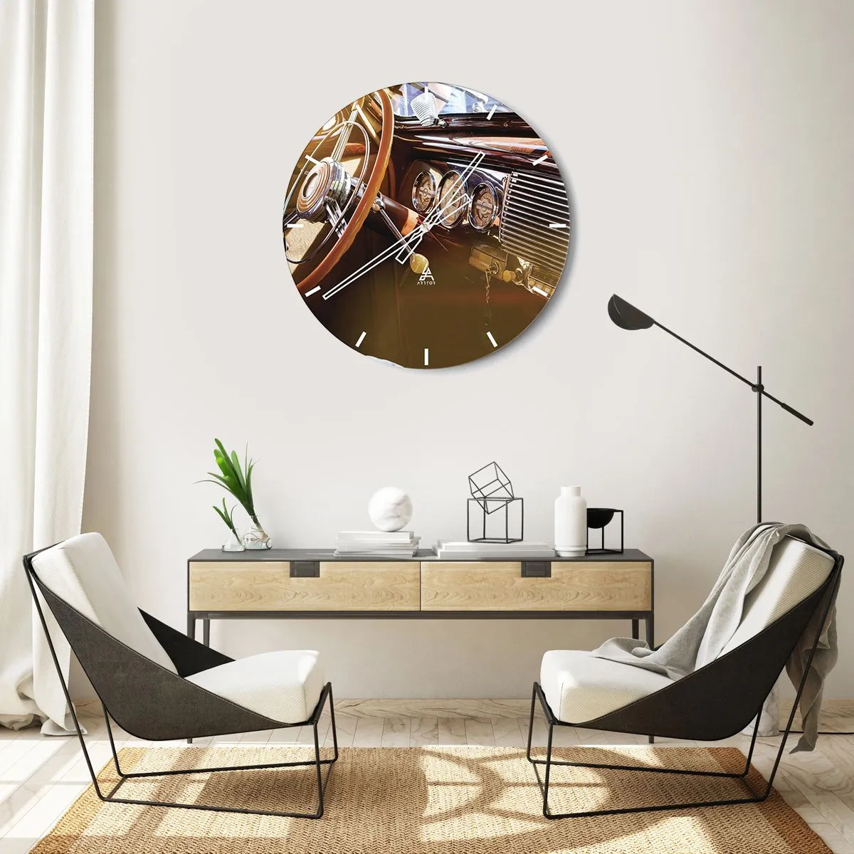 Wall clock - Clock on glass - Classic car interior with wood trim - 30x30cm - Breath of Luxury form the Past - Modern wall decoration for the living room, kitchen, and bedroom ARTTOR