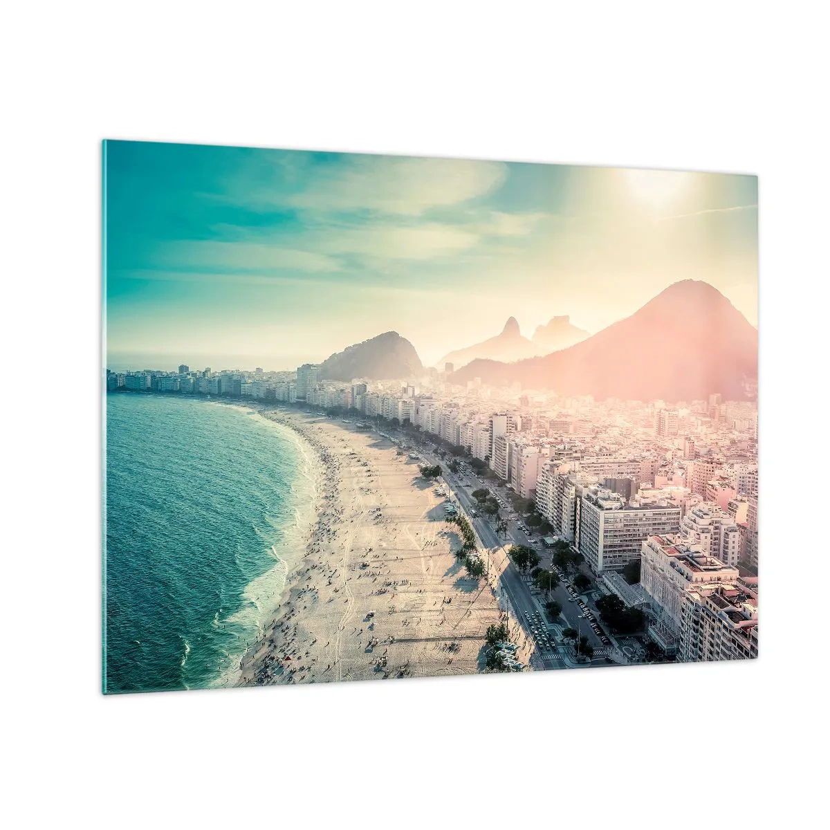 Glass picture - Panorama of the beach with urban buildings and a mountain backdrop - 70x50cm - Eternal Holiday in Rio - Modern wall decoration for the living room and bedroom ARTTOR