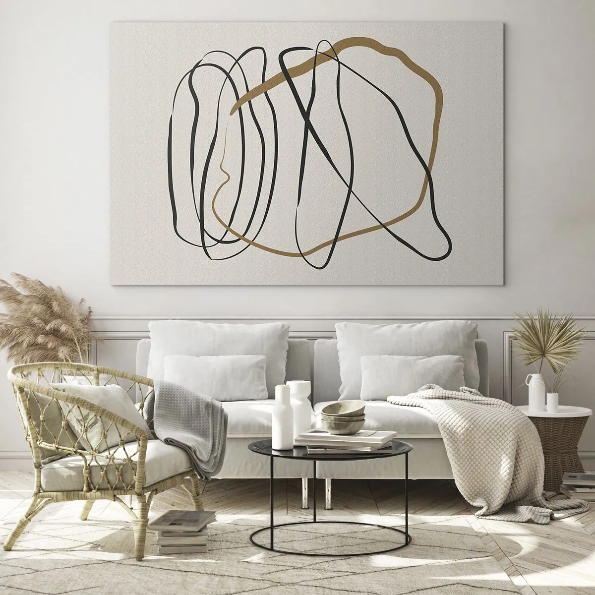 Glass picture - An expressive composition of lines in black and brown on a light background. - 70x50cm - Composition - Dance of Possession - Modern wall decoration for the living room and bedroom ARTTOR