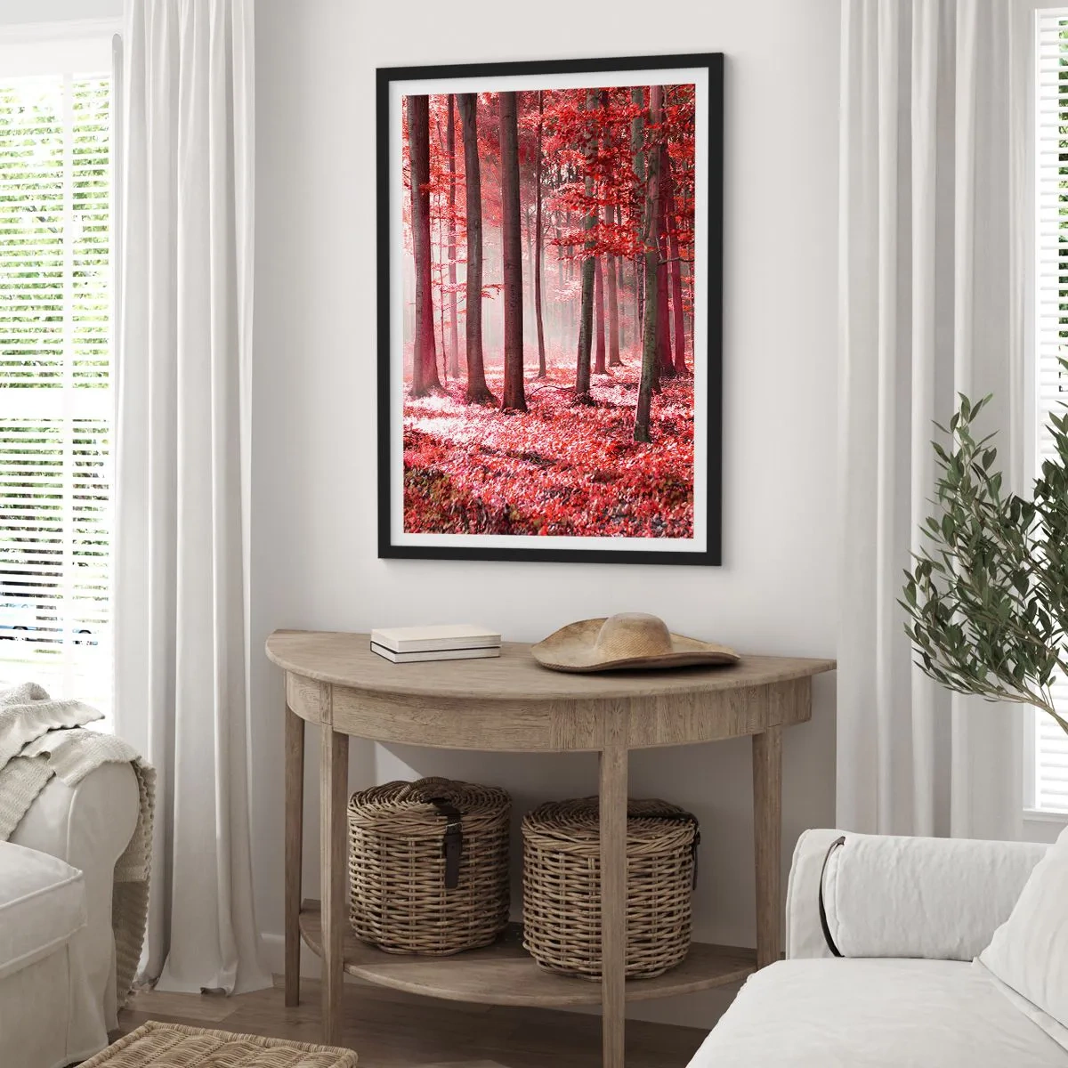 Poster in black frame - A forest with red leaves and fog in the morning - 50x70cm - Red Equally Beautiful - Modern wall decoration for the living room and bedroom ARTTOR