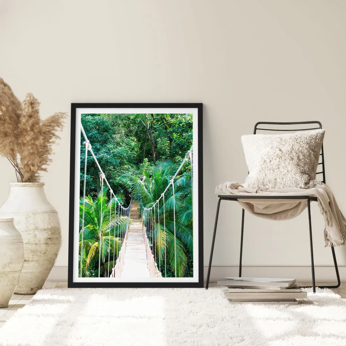 Poster in black frame - A hanging bridge in a tropical rainforest - 50x70cm - Welcome to the Jungle! - Modern wall decoration for the living room and bedroom ARTTOR