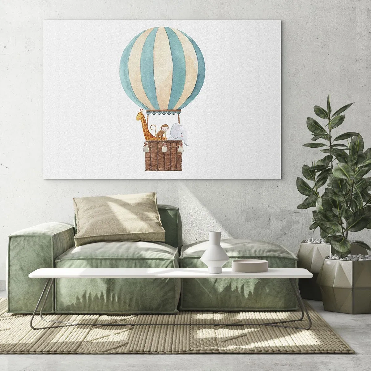 Glass picture - A balloon with a giraffe, a monkey and an elephant on a white background - 70x50cm - Fantastic Trip - Modern wall decoration for the living room and bedroom ARTTOR