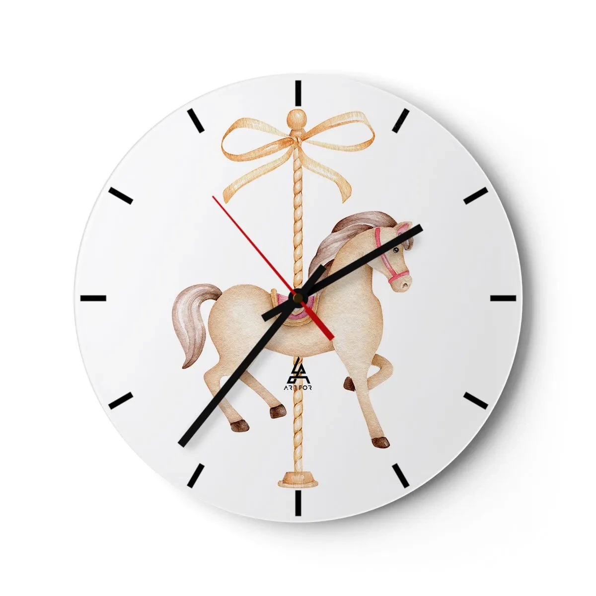 Wall clock - Clock on glass - A light brown carousel horse on a background with a decorative bow - 30x30cm - Graceful Trot - Modern wall decoration for the living room, kitchen, and bedroom ARTTOR