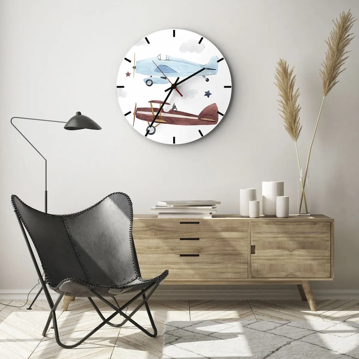Wall clock - Clock on glass - Illustration of two retro-style airplanes against a cloudy background - 30x30cm - Mr Pilot We Are Waiting! - Modern wall decoration for the living room, kitchen, and bedroom ARTTOR