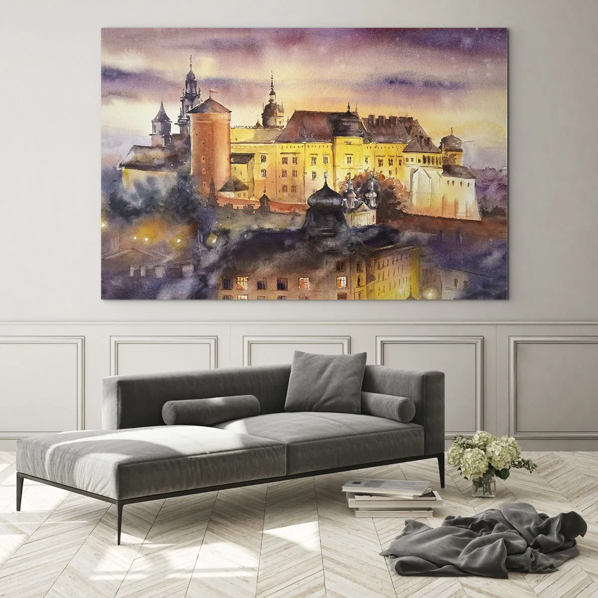 Glass picture - Watercolor illustration of a castle on a hill at sunset - 70x50cm - History and Fairytale - Modern wall decoration for the living room and bedroom ARTTOR