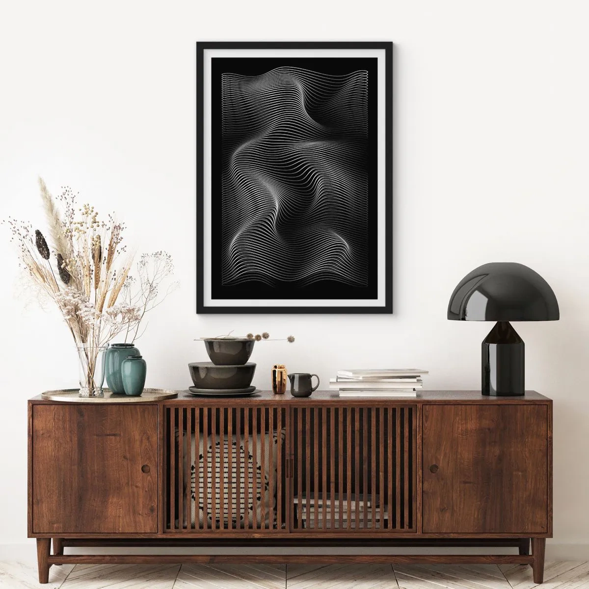 Poster in black frame - Minimalist waves in black and white - 50x70cm - Dance of the Light in Space - Modern wall decoration for the living room and bedroom ARTTOR