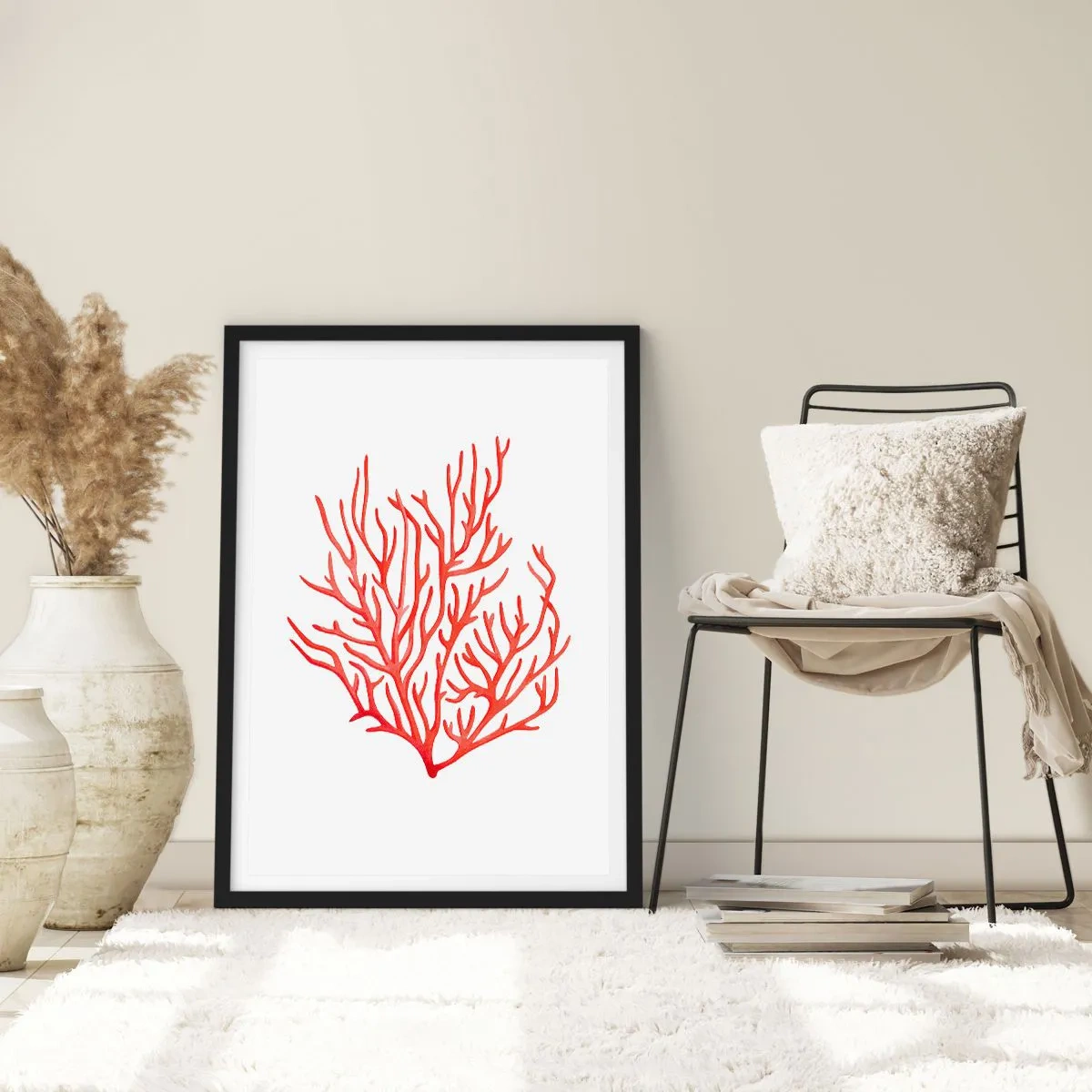 Poster in black frame - Red coral on a white background in a minimalist style - 50x70cm - Coral Filigree - Modern wall decoration for the living room and bedroom ARTTOR