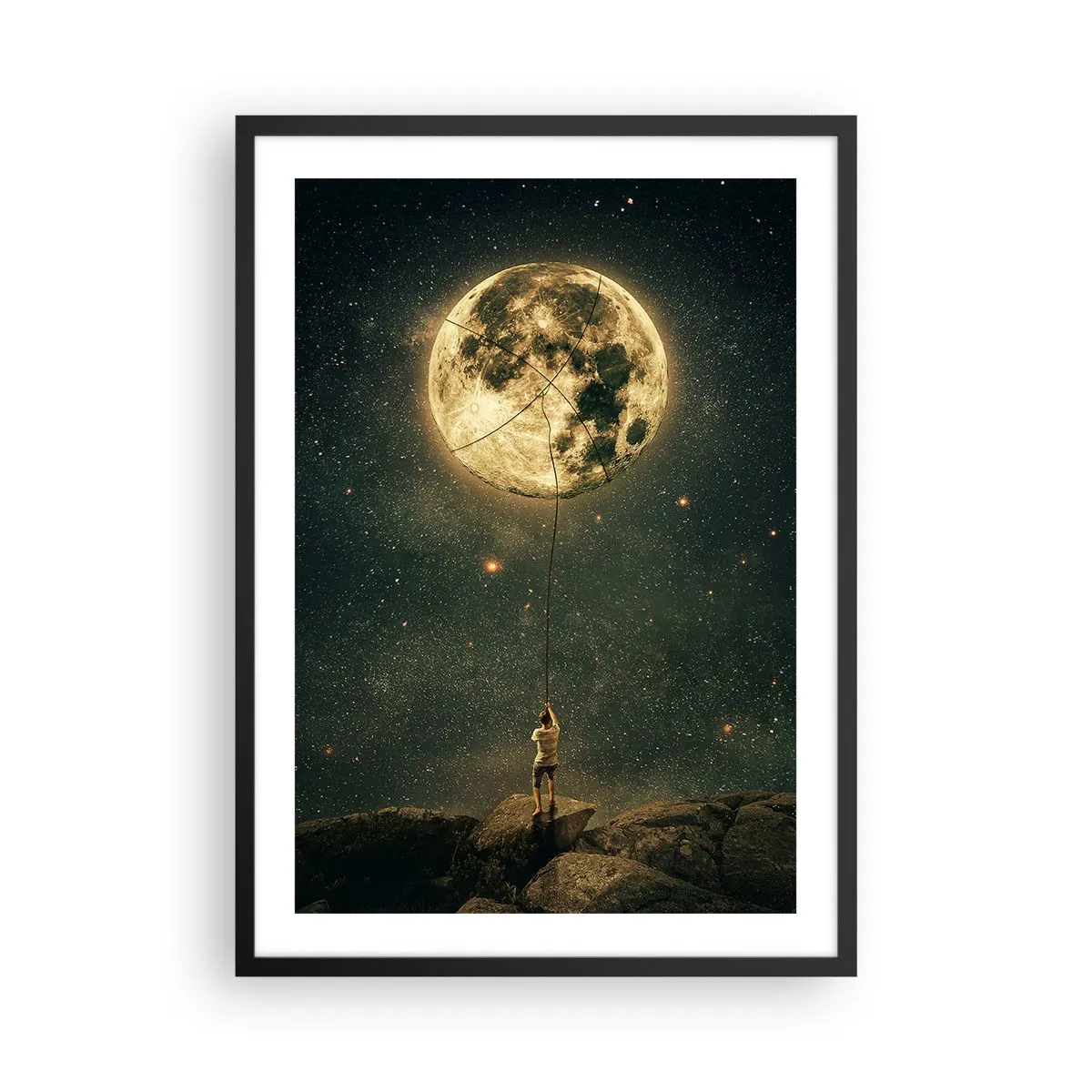 Poster in black frame - A figure holding the moon on a rope in a starry landscape. - 50x70cm - One that Stole the Moon - Modern wall decoration for the living room and bedroom ARTTOR