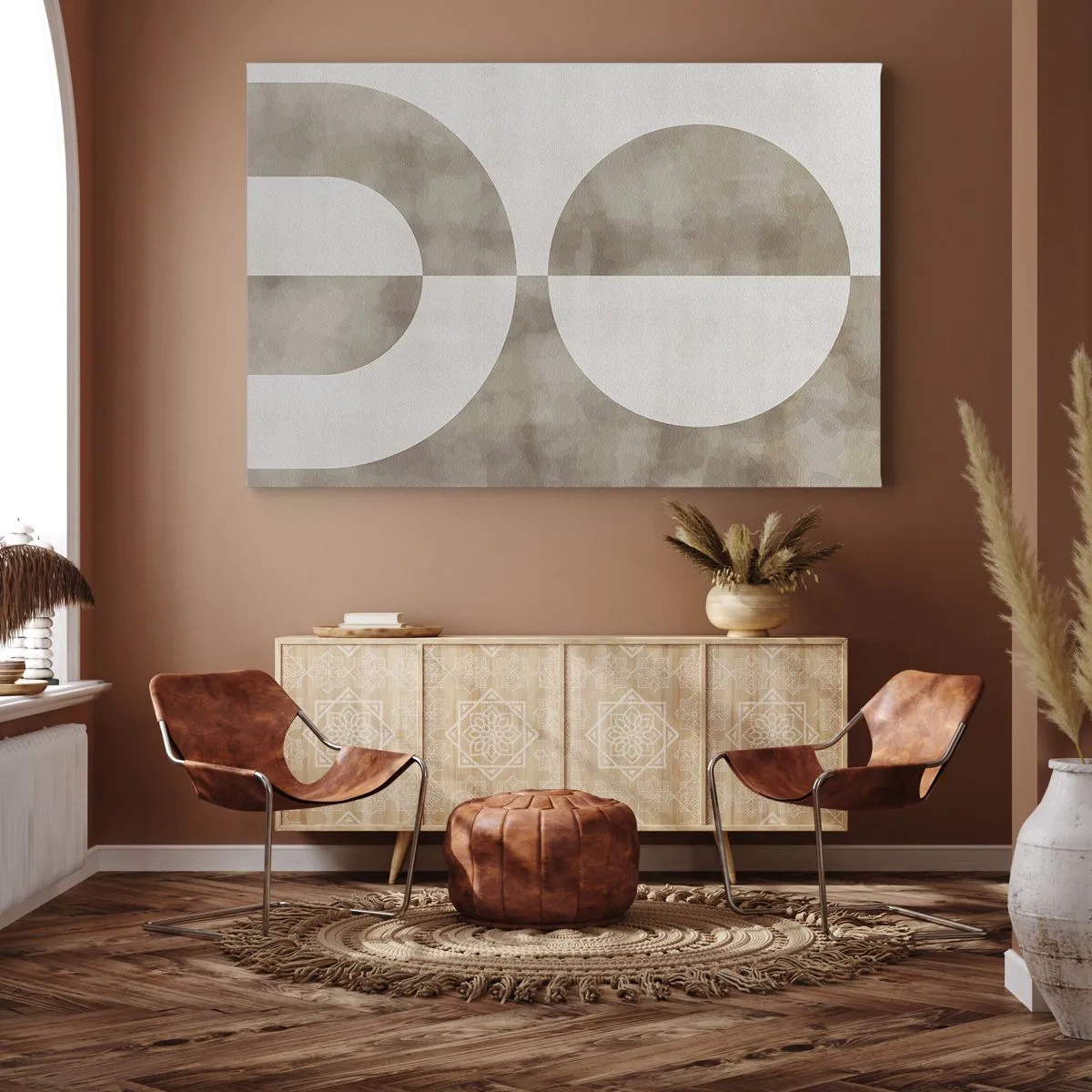 Canvas picture - An abstract painting in shades of beige with geometric shapes and symmetry. - 70x50cm - Similarities and Differences - Modern wall decoration for the living room and bedroom ARTTOR