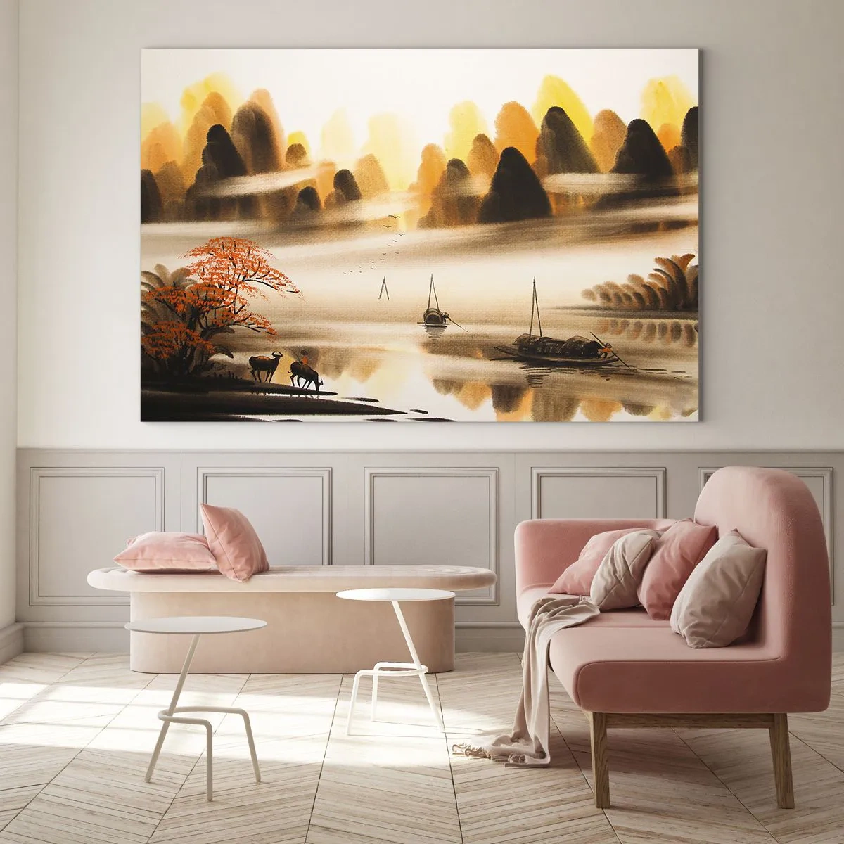 Glass picture - Oriental landscape with boats and mountains in the fog - 70x50cm - Further than Far East - Modern wall decoration for the living room and bedroom ARTTOR