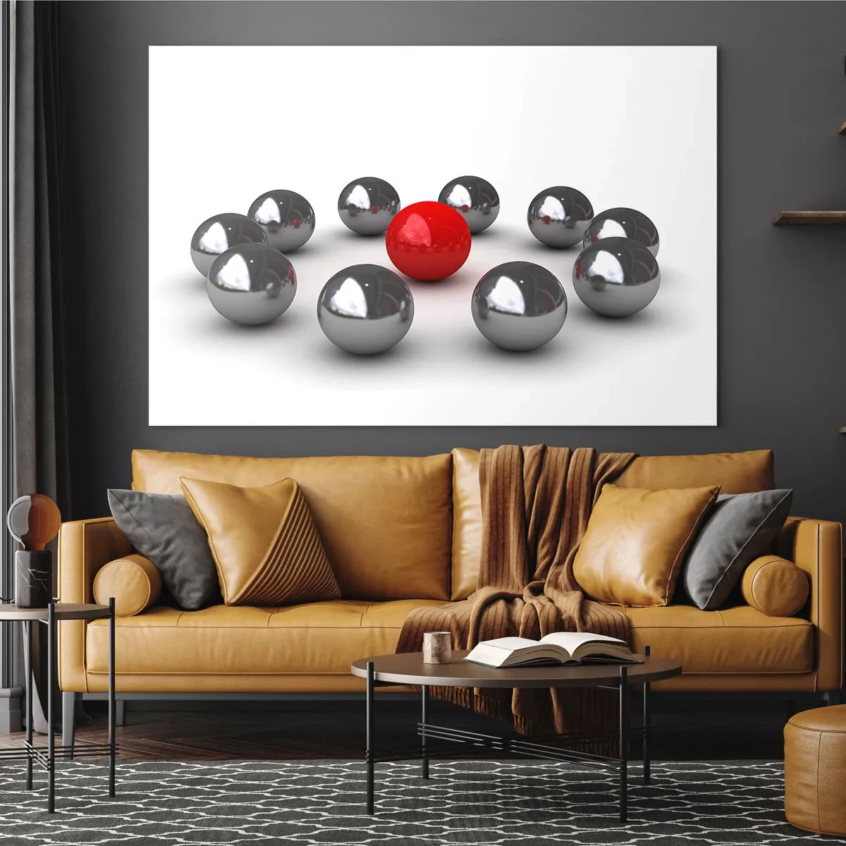 Glass picture - A red ball surrounded by silver on a white background - 70x50cm - Circle in Silver and Red - Modern wall decoration for the living room and bedroom ARTTOR