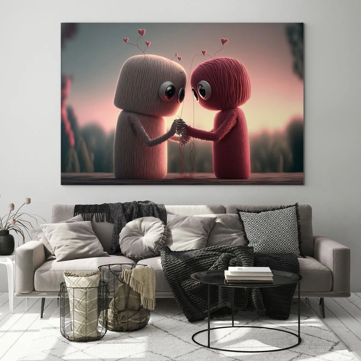 Glass picture - Two yarn figures holding hands with hearts - 70x50cm - Everyone Is Allowed to Love - Modern wall decoration for the living room and bedroom ARTTOR
