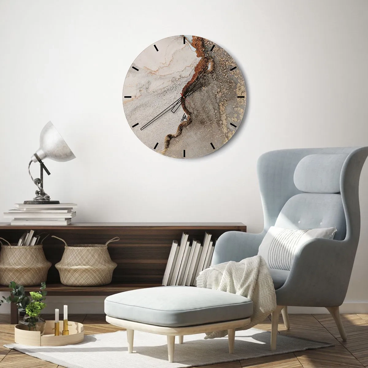 Wall clock - Clock on glass - An abstract composition in shades of gold and gray. - 30x30cm - On the Border of Colours - Modern wall decoration for the living room, kitchen, and bedroom ARTTOR