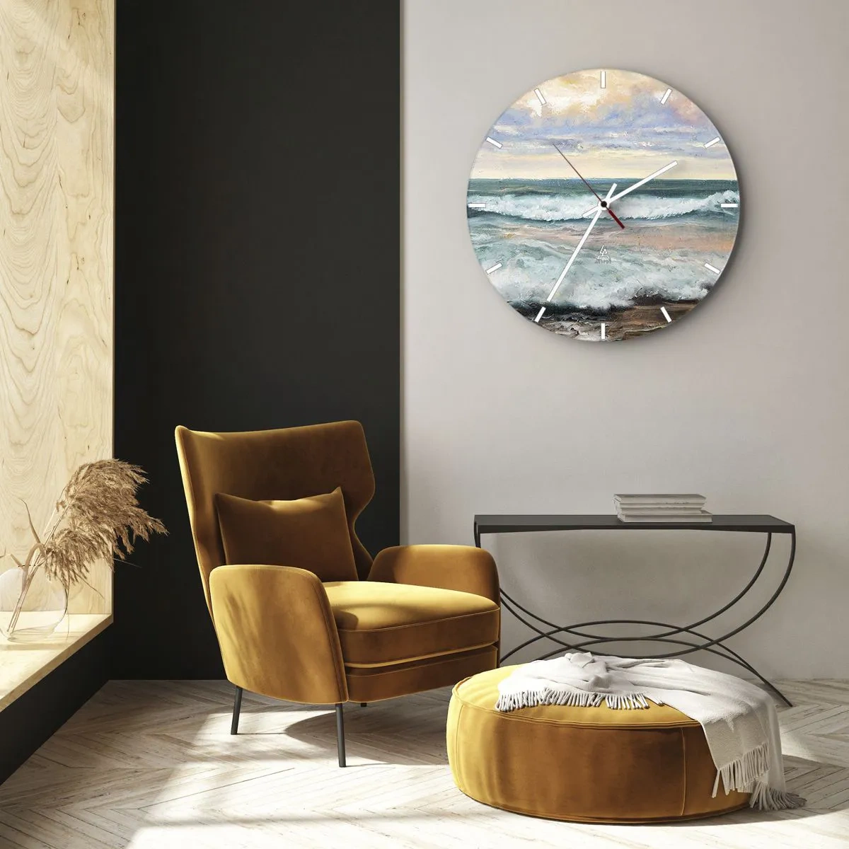 Wall clock - Clock on glass - Sea waves against a pastel sky in a painterly style - 30x30cm - Here You Will Smooth Your Soul - Modern wall decoration for the living room, kitchen, and bedroom ARTTOR