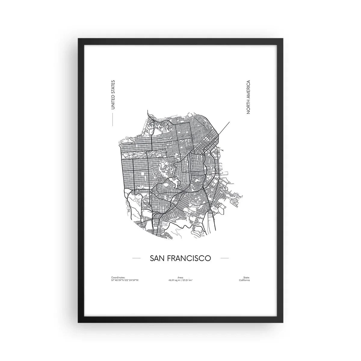 Poster in black frame - A minimalist map of San Francisco in black and white. - 50x70cm - Anatomy of San Francisco - Modern wall decoration for the living room and bedroom ARTTOR