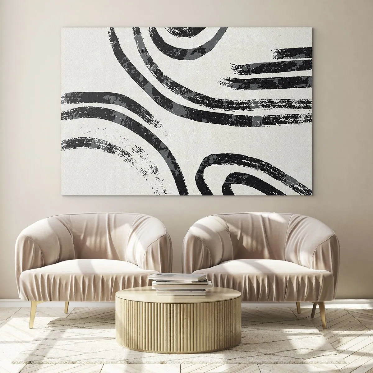 Glass picture - Black semicircular lines in a minimalist abstraction on a light background - 70x50cm - Stopped Half Way - Modern wall decoration for the living room and bedroom ARTTOR