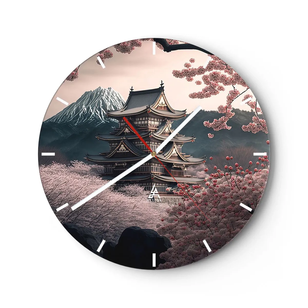 Wall clock - Clock on glass - A traditional pagoda among cherry blossoms with a mountain in the background - 30x30cm - Land of Cherry Blossoms - Modern wall decoration for the living room, kitchen, and bedroom ARTTOR